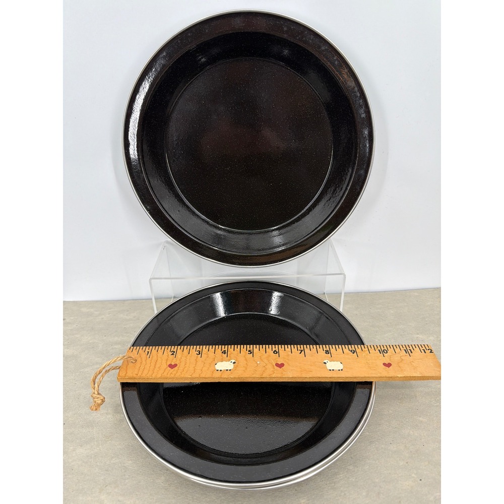 Vintage Black Enamelware Speckled Dinner Plates Set of 6 Farmhouse Camping 9"